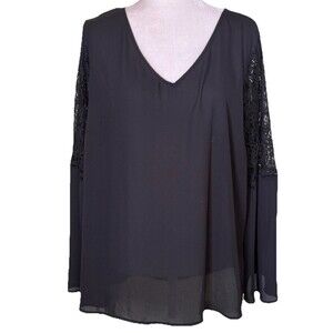 Apt‎ 9 Women's Black Chiffon Romantic Lace Sleeves Sheer Boho Chic Tunic Top 2XL